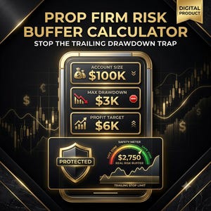 May include: A digital product graphic titled Prop Firm Risk Buffer Calculator. It displays a smartphone interface with input fields for Account Size $100K, Max Drawdown $3K, and Profit Target $6K, plus a safety meter showing a $2,750 real risk buffer.