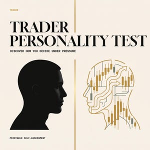 May include: A printable self-assessment titled TRADEX TRADER PERSONALITY TEST DISCOVER HOW YOU DECIDE UNDER PRESSURE. The graphic features a solid black silhouette of a head next to a gold outline of a head filled with financial candlestick charts.