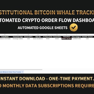 May include: An automated Google Sheets dashboard for tracking Bitcoin whale activity. The image displays a spreadsheet with data on transactions, including date, entity, transaction type, amount, and price changes. Text includes "INSTITUTIONAL BITCOIN WHALE TRACKER".