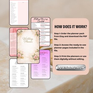 May include: A collection of wedding planning checklists and a planner, with floral and gold accents. The image includes the text "Wedding Planner" and "Wedding Planning Checklist". A pink graphic explains how to use the planner.