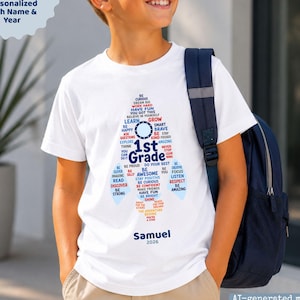 Personalized Space Rocket 1st Grade Shirt | Custom Name & Year | Rocket Word Art | First Day of School | Back to School Tee for Boys