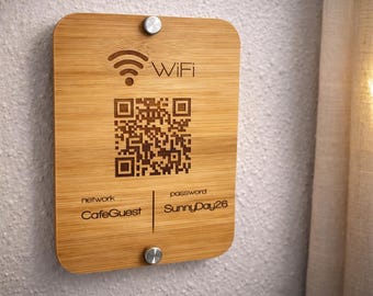 AirBNB Wooden WiFi Sign with QR Code | Engraved Bamboo