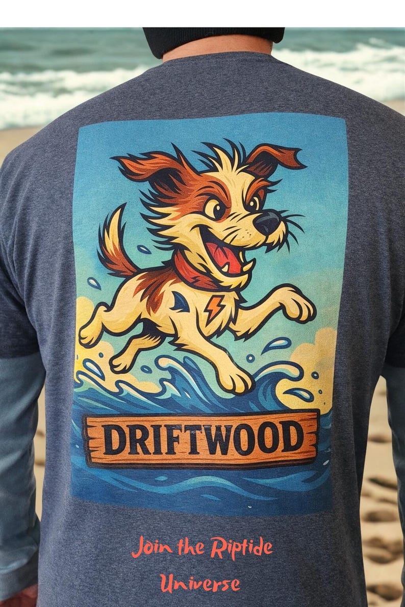 Retro hondenshirt met drijfhoutprint heren – vintage kust-T-shirt afbeelding 3