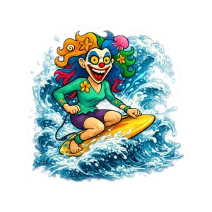 Könnte beinhalten: Ein Aufkleber mit einem Cartoon-Clown, der auf einer Welle surft. Der Clown hat bunte Haare, ein grünes Hemd, lila Shorts und ein gelbes Surfbrett. Die Welle ist blau und weiß.