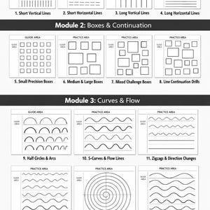 以下が含まれることがあります： 線画、ボックス、曲線に関する指示が記載された白黒の図。モジュールには、短い線と長い線、さまざまなサイズのボックス、円弧、S字カーブ、ジグザグ、ラジアルサークル、フリーフローの落書きが含まれます。「ガイドエリア」と「練習エリア」というテキストが含まれています。