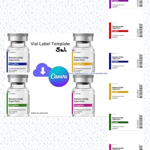 Può includere: Immagine di un modello di etichetta per flacone con il testo "Retatrutide Injection 10 mg/3ml". L'immagine include più flaconi e varianti di etichette in vari colori, con il logo Canva e il testo "Easy download from Canva template link".
