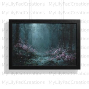 May include: A framed art print depicts a mystical forest scene. The artwork features a path leading into a dark, misty forest with pink flowering bushes. The print is encased in a black frame, enhancing the artwork's depth and visual appeal.