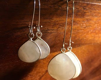 Moonstone white briolette teardrop earrings wrapped in silver