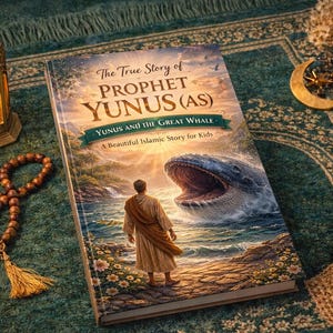 Op de afbeelding: Een boek getiteld "The True Story of Prophet Yunus (AS)" met de ondertitel "Yunus and the Great Whale: A Beautiful Islamic Story for Kids". De omslag toont een man die een walvis aankijkt. Andere items zijn een lantaarn, gebedskralen en een kom met dadels.