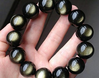 Pulsera de obsidiana ojo de gato de oro natural auténtico de 16 mm