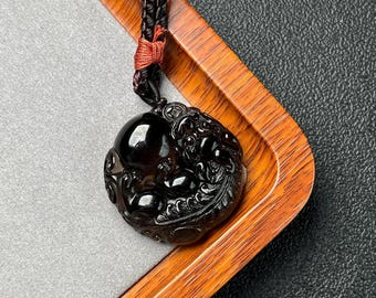 Colgante Pixiu de obsidiana natural auténtica, piedra preciosa negra hecha a mano para la prosperidad y la protección.