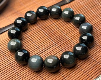 Pulsera de obsidiana ojo de gato plateada con cuentas de 14 mm