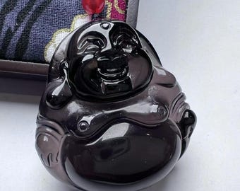 Colgante de Buda sentado sonriente de obsidiana natural auténtica, Buda de alma alegre hecho a mano en piedra negra.