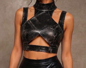 Genuine Sheep Leather Crop Top | Distressed Black Halter Neck Bralette | Goth Punk Festival Top