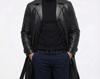 Men’s Black Leather Trench Coat, Long Belted Leather Overcoat, Winter Business Coat, Custom Size