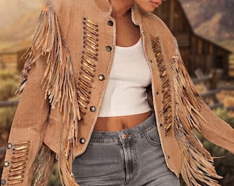Women's Suede Fringe Jacket | Western Cowgirl Beaded Leather Coat, Boho Festival Outfit
