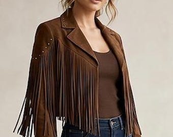 Brown Suede Fringe Moto Jacket | 1990s Biker Style, Cropped Leather Coat