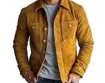 Men's Mustard Brown Suede Jacket, Button-Up Western Style, Genuine Leather Ranch Coat