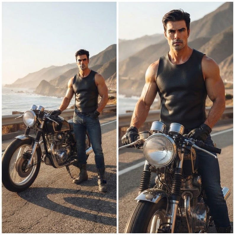 Pu&ograve; includere: Una persona che indossa un top nero senza maniche e jeans blu, in piedi accanto a una moto in stile vintage con faro rotondo cromato, manubrio cromato e guanti in pelle nera, su una strada costiera con montagne sullo sfondo.
