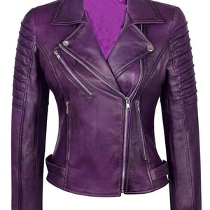 Women’s Purple Lambskin Leather Motorcycle Biker Jacket Slim Fit