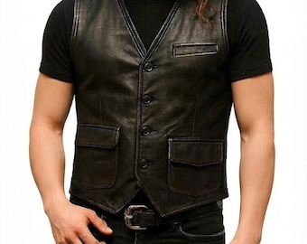 Handmade Distressed Cowhide Leather Vest, Slim Fit Biker Waistcoat, Dark Brown Western Outerwear