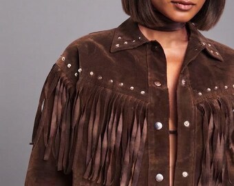 Handmade Brown Suede Fringe Jacket, Studded Western Cowgirl Coat