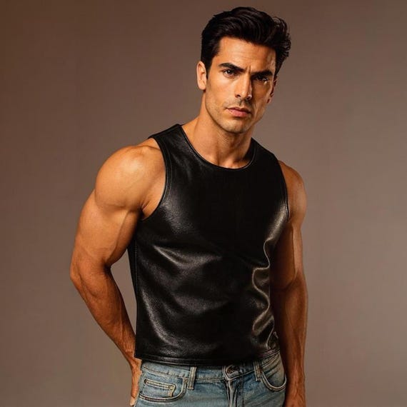 Men's Genuine Sheepskin Leather Vest, Black Muscle Fit, Biker Streetwear