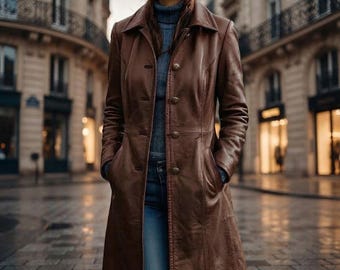 Genuine Lambskin Leather Long Coat | Black Trench Overcoat, Handmade Vintage Style|