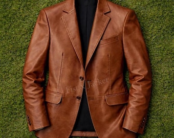 Men's Brown Leather Blazer, Genuine Leather Jacket, Unisex Vintage Coat, Smart Casual Outerwear
