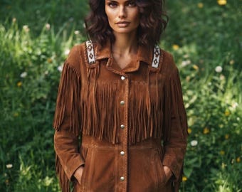 Women's Tan Suede Fringe Jacket | Western Beaded Trim Coat | Cropped Cowgirl Leather Jacket Gift