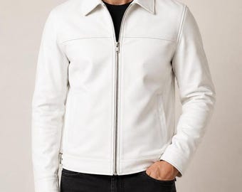 Men's White Genuine Sheepskin Leather Jacket, Turn-Down Collar Moto Coat