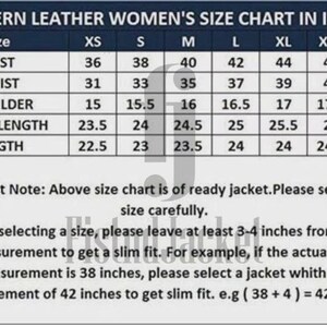 May include: A size chart for western leather jackets, displaying measurements in inches. Includes bust, waist, shoulder, sleeve length, and length for sizes XS to XXXL. Text advises adding inches for a slim fit.
