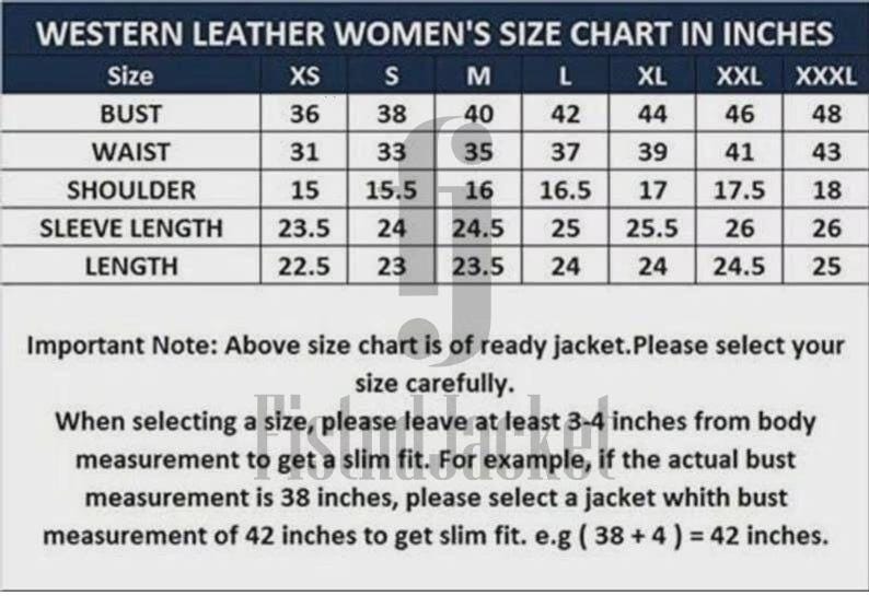 May include: A size chart for western leather jackets, displaying measurements in inches. Includes bust, waist, shoulder, sleeve length, and length for sizes XS to XXXL. Text advises adding inches for a slim fit.