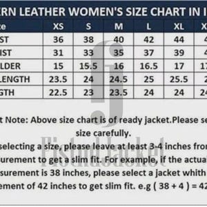 May include: A size chart for western leather jackets, with measurements in inches. Includes bust, waist, shoulder, sleeve length, and length for sizes XS to XXXL. Text advises adding 3-4 inches to bust measurement for a slim fit.
