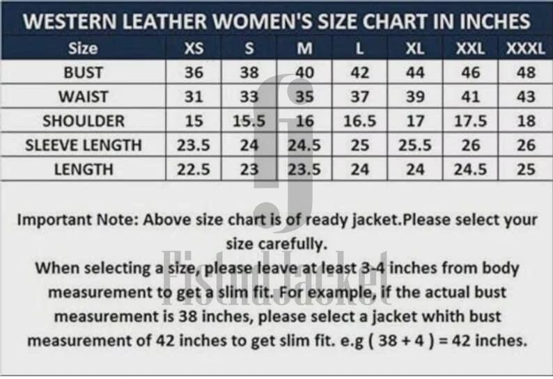 May include: A size chart for western leather jackets, with measurements in inches. Includes bust, waist, shoulder, sleeve length, and length for sizes XS to XXXL. Text advises adding 3-4 inches to bust measurement for a slim fit.