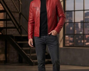 Men's Red Faux Leather Biker Jacket, Slim Fit Moto Coat, Stand Collar Streetwear