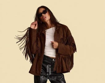 1970s Vintage Brown Western Bhoemian Fringe Suede Leather Jacket: Western style, Gift for her