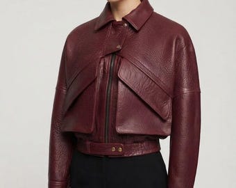 Women’s Genuine Leather Cropped Bomber Jacket, Burgundy Moto Jacket, Oversized Pocket Leather Jacket, Handmade Luxury Jacket