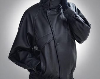Oversized Black Lambskin Leather Jacket, High-Neck Bomber, Relaxed Fit Moto Coat