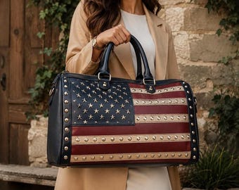 American Flag Leather Tote Bag, Studded Crossbody Purse, Minimalist Satchel