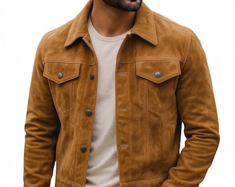 Men’s Genuine Suede Trucker Jacket – Classic Brown Vintage Moto Biker Style Handmade Leather Coat