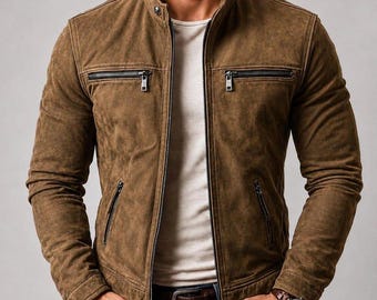 Men's Black Suede Cafe Racer Jacket – Slim Fit Lambskin Leather Motorcycle Style