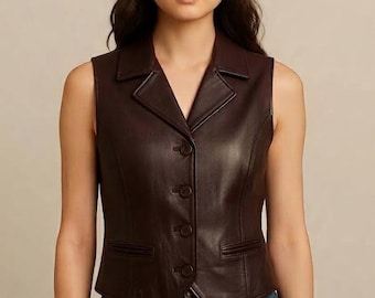 Lambskin Leather Vest - Women's Biker Waistcoat, Button Closure