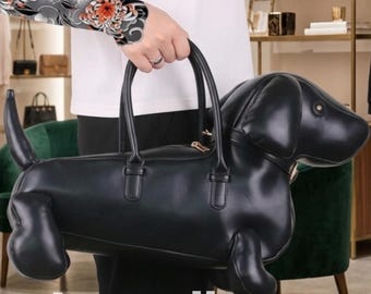 Handmade Leather Dachshund Dog Bag, Unique Puppy Shaped Top Handle Purse, Wiener Dog Tote, Novelty Animal Crossbody, Luxury Statement Bag,