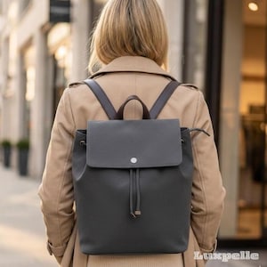 Luxpelle Urban Minimalist Drawstring Backpack – Charcoal Grey & Leather Causal daily use luxury School bag