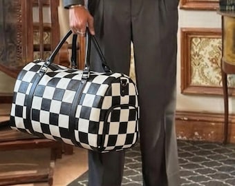 Handmade Genuine Leather Checkerboard Duffle Bag - Black & White Racing Check Weekender - Large Travel Carry-on Bag for Men and Women