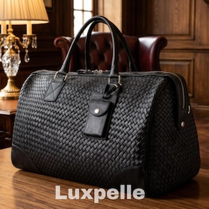 Luxury Hand-Woven Leather Duffel Bag - Black Intrecciato Travel Weekender -Large Capacity Overnight Bag for Men & Women -Premium Gym and Bus