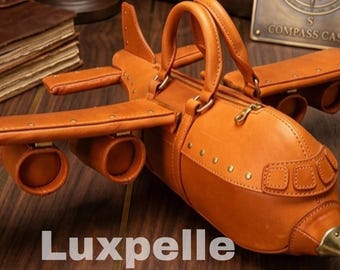 Bolso de cuero con forma de avión hecho a mano, equipaje de mano de lujo para pilotos, bandolera única con forma de avión, regalo para amantes de la aviación, bolso de cuero genuino novedoso.