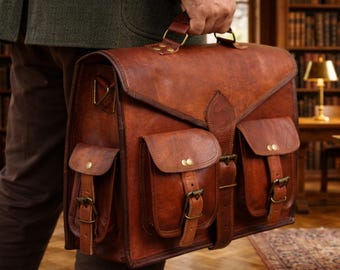 Handmade Vintage Brown Leather Briefcase | Large Satchel Bag for Men | 16-inch Laptop Messenger Bag | Genuine Leather Office Bag | Gift
