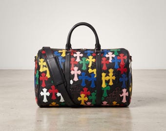 Handmade Leather Duffel Bag, Multicolored Cross Patch Travel Weekender,  Custom Leather Gym Bag, Personalized Leather Carry